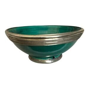 Vintage Green Silver Trimmed Moroccan SAFI  Serving Bowl